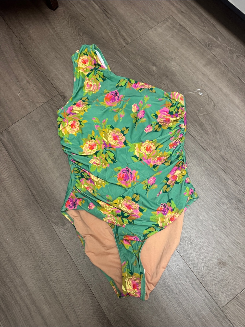 J. Crew Green Floral One-Shoulder Swimsuit